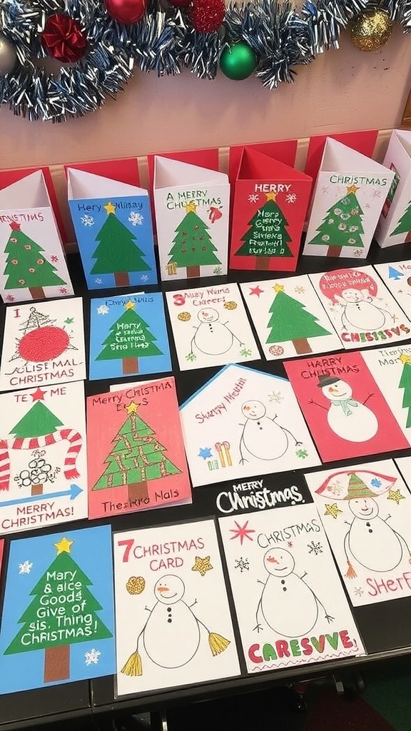 Creative Christmas Card Ideas for Year 5 Students A collection of vibrant handmade Christmas cards with festive designs on a table.